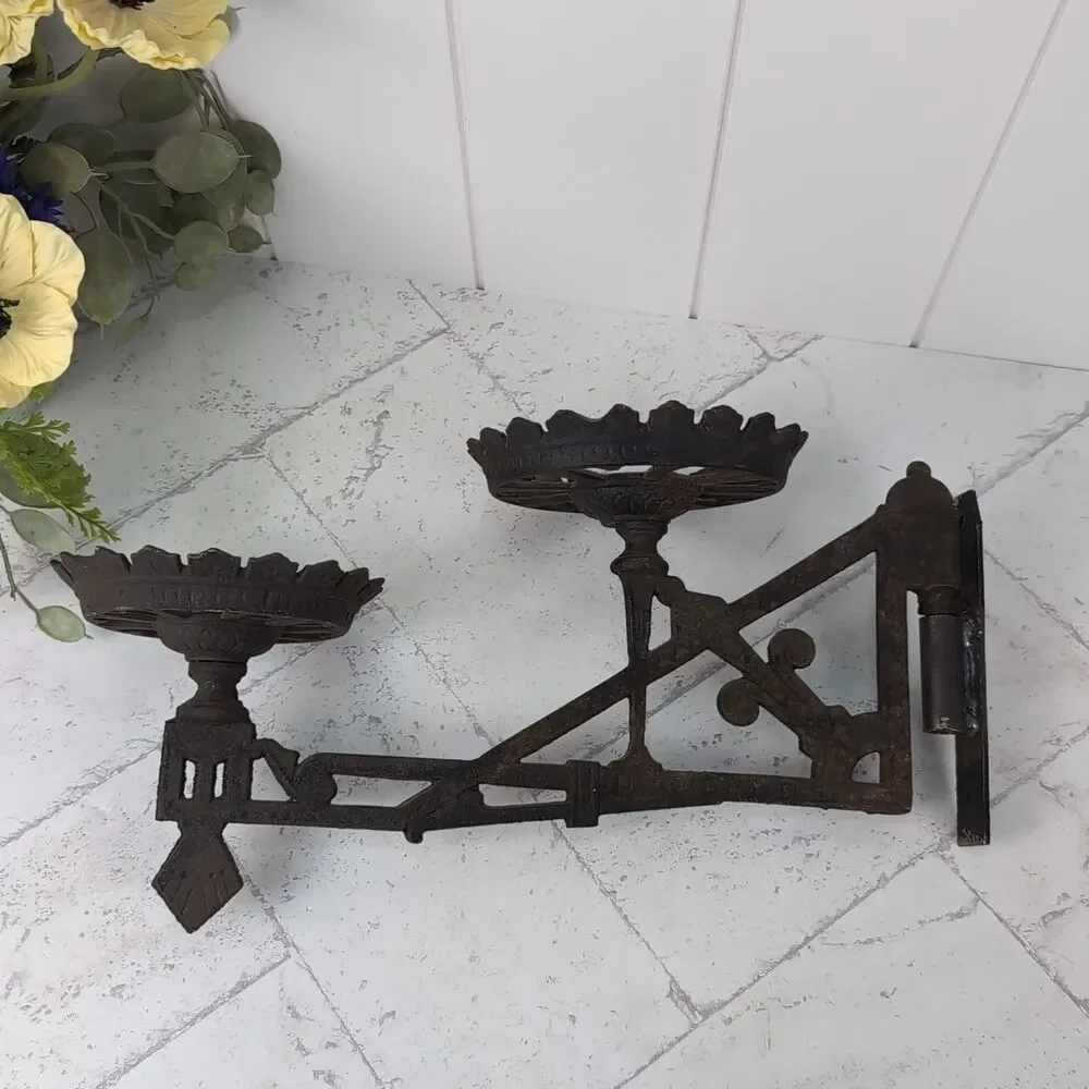 Eastlake Antique Cast Iron Plant Oil Lamp Double Wall Bracket With Mount Rustic